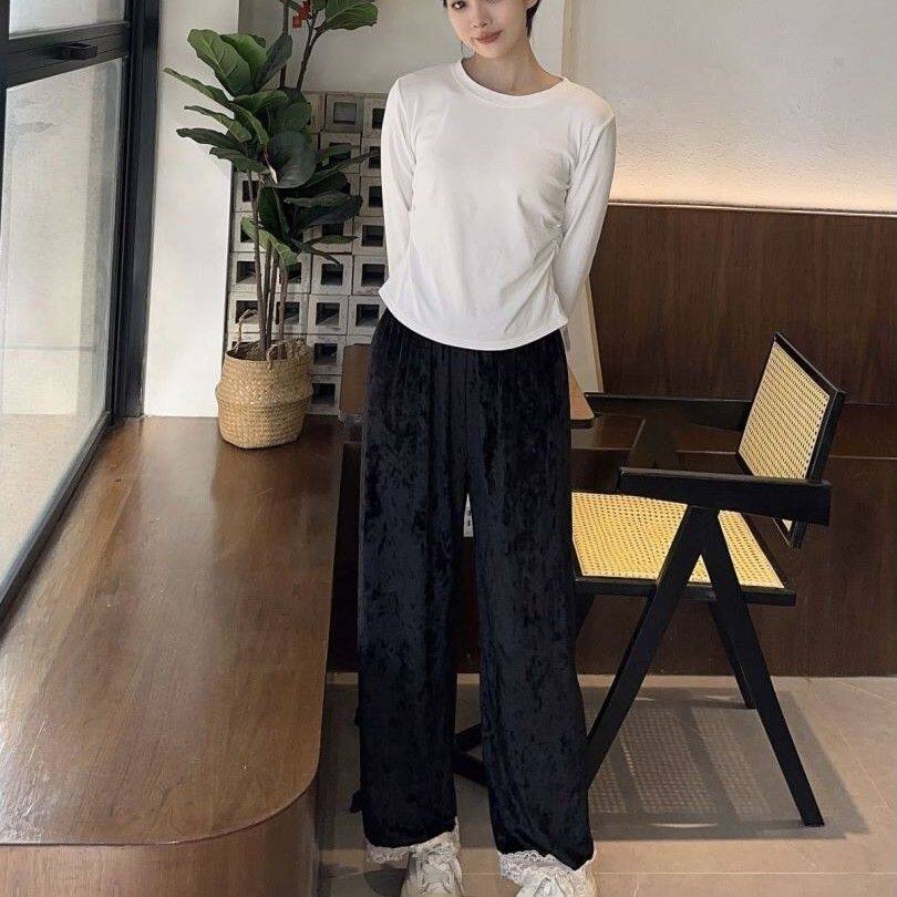 金丝绒纯色高腰休闲家居裤保暖裤子秋冬女士睡裤遛弯裤黑色可外穿