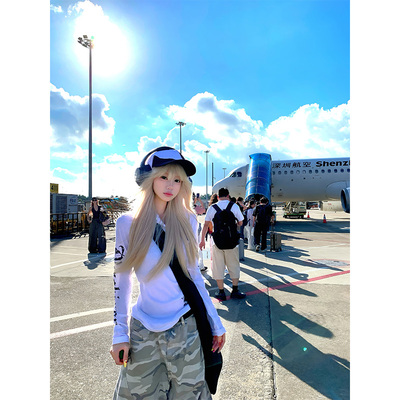 JMJ美式设计感袖边哥特字母印花连帽T恤男女夏季修身百搭防晒罩衫