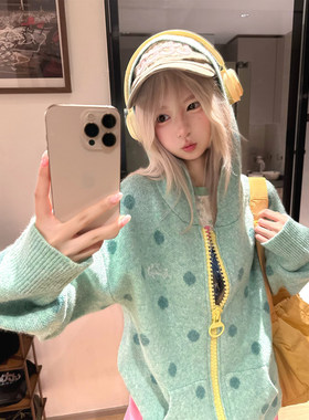 JMJ 美式波点撞色拉链连帽开衫针织毛衣男女秋冬宽松休闲百搭外套