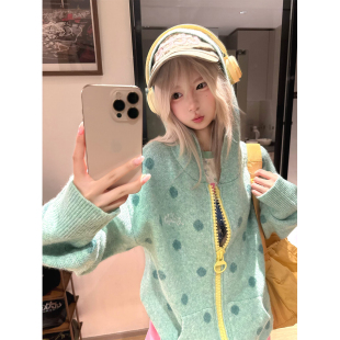 JMJ 美式波点撞色拉链连帽开衫针织毛衣男女秋冬宽松休闲百搭外套