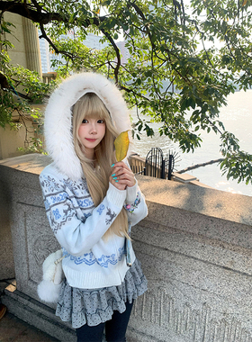 JMJ 美式费尔岛可拆卸毛领针织开衫毛衣男女秋冬慵懒休闲百搭外套