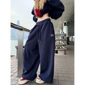 JMJ 男女宽松直筒阔腿长裤 美式 复古摇粒绒网球拍刺绣抽绳休闲裤