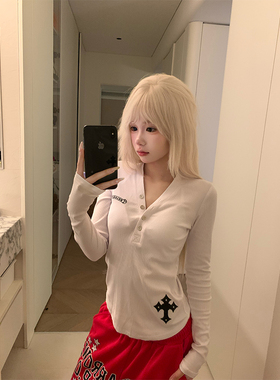 JMJ 美式复古纯欲风V领修身显瘦长袖T恤女辣妹春夏百搭运动打底衫