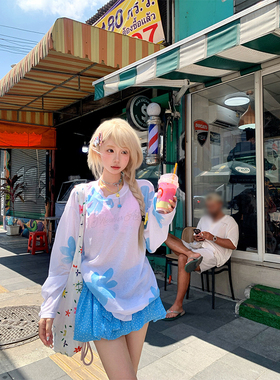 JMJ 美式花卉印花长袖T恤女辣妹夏季宽松显瘦百搭防晒罩衫上衣