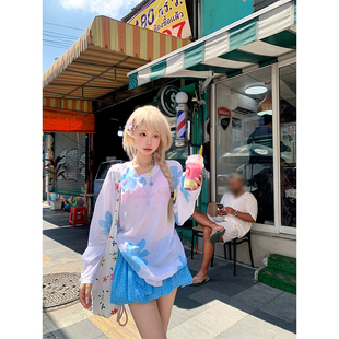 宽松显瘦百搭防晒罩衫 JMJ T恤女辣妹夏季 花卉印花长袖 上衣 美式