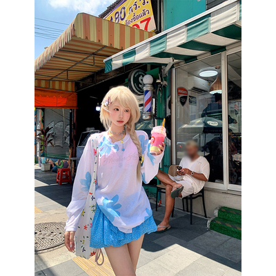 JMJ 美式花卉印花长袖T恤女辣妹夏季宽松显瘦百搭防晒罩衫上衣