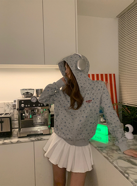 JMJ 2025春秋季美式复古小碎花连帽拉链开衫卫衣女宽松休闲外套