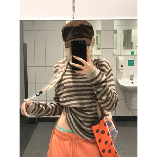 JMJ 美式复古条纹腰部抽绳针织毛衣男女秋冬宽松显瘦百搭休闲上衣