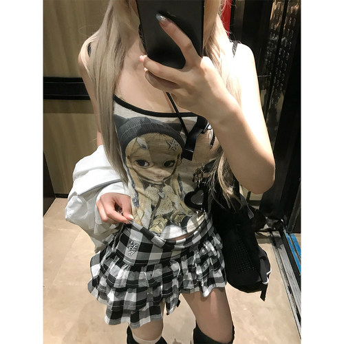 JMJ 美式复古格子蛋糕蓬蓬半身裙女辣妹修身显瘦百搭A字裙短裙