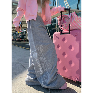 宽松直筒拖地裤 JMJ 男女基础款 慵懒风侧边绣花抽绳阔腿休闲裤 美式