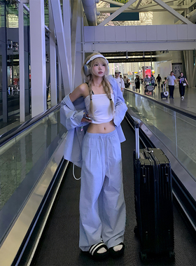 JMJ 美式慵懒抽绳松紧腰休闲裤男女宽松休闲直筒阔腿百搭拖地长裤