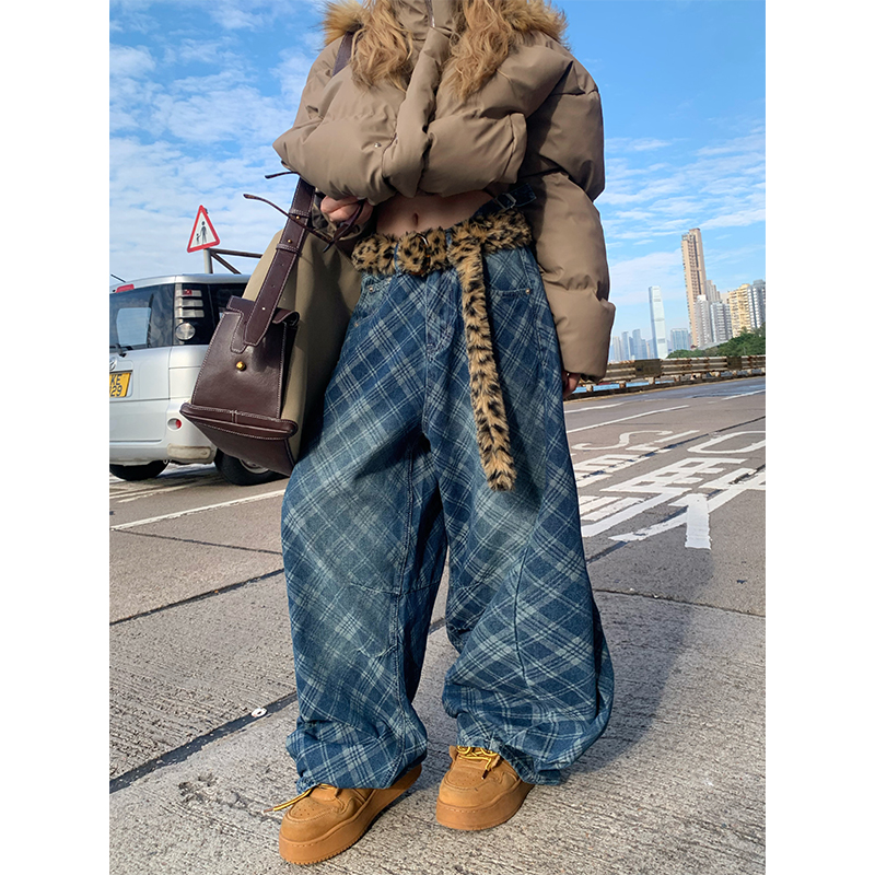 JMJ 美式复古设计感渐变格纹阔腿牛仔裤男女宽松百搭潮流拖地裤