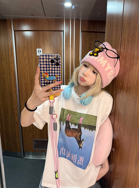 JMJ 美式趣味马倒成功印花短袖T恤男女宽松休闲显瘦圆领百搭上衣