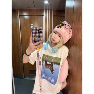 T恤男女宽松休闲显瘦圆领百搭上衣 趣味马倒成功印花短袖 JMJ 美式