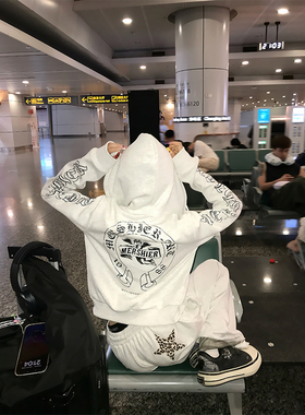 JMJ 美式设计感袖边字母印花连帽开衫卫衣男女春秋宽松休闲帽衫