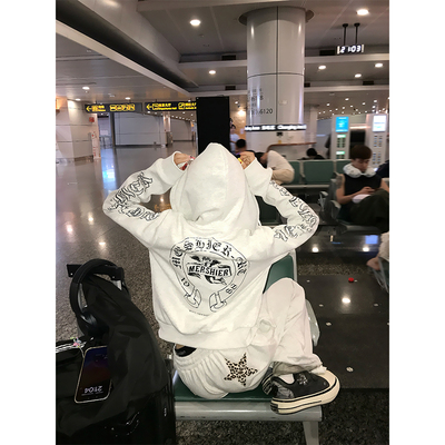 JMJ 美式设计感袖边字母印花连帽开衫卫衣男女春秋宽松休闲帽衫