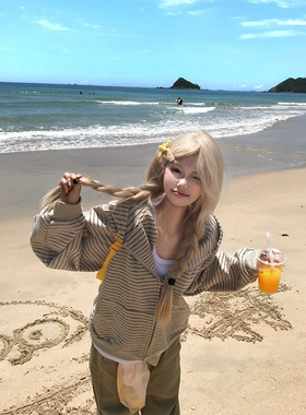 JMJ 美式复古条纹连帽开衫卫衣男女秋季设计感宽松休闲百搭外套