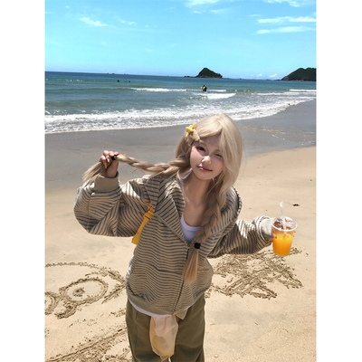 JMJ 美式复古条纹连帽开衫卫衣男女秋季设计感宽松休闲百搭外套