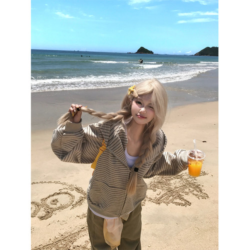 JMJ 美式复古条纹连帽开衫卫衣男女秋季设计感宽松休闲百搭外套