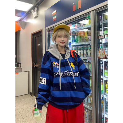 JMJ 美式复古字母印花条纹连帽开衫卫衣男女宽松休闲百搭街头外套