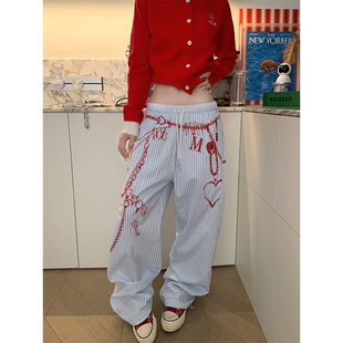 男女宽松百搭阔腿拖地长裤 小众链条印花条纹抽绳休闲裤 美式 JMJ