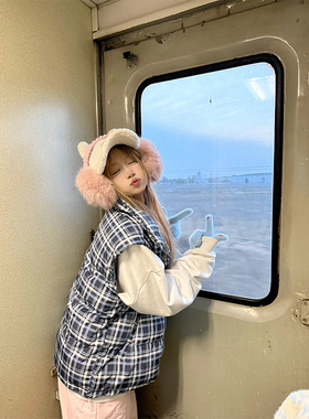 JMJ 美式复古格纹立领棉马甲男女秋冬宽松休闲百搭保暖叠穿外套