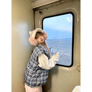 JMJ 复古格纹立领棉马甲男女秋冬宽松休闲百搭保暖叠穿外套 美式