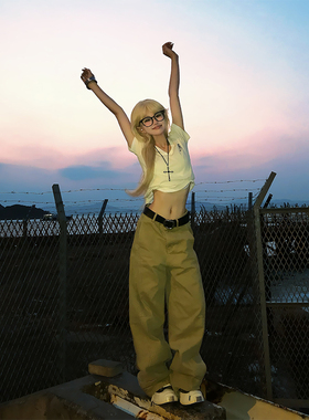 JMJ 美式复古廓形弯刀裤工装裤男女宽松休闲直筒百搭拖地阔腿长裤