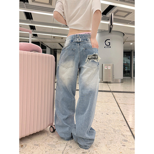 JMJ 美式十字架铆钉破洞设计感牛仔裤男女宽松休闲直筒百搭长裤