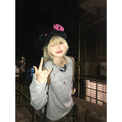 JMJ美式复古星星字母烫钻长袖T恤男女宽松休闲百搭设计感圆领上衣