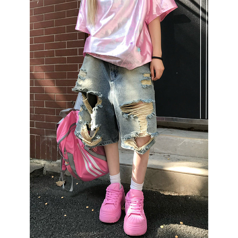 JMJ美式复古水洗破洞时髦牛仔五分裤男女夏宽松休闲百搭潮流短裤