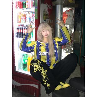 T恤球衣女宽松休闲上衣 复古撞色条纹字母印花斜肩长袖 JMJ 美式