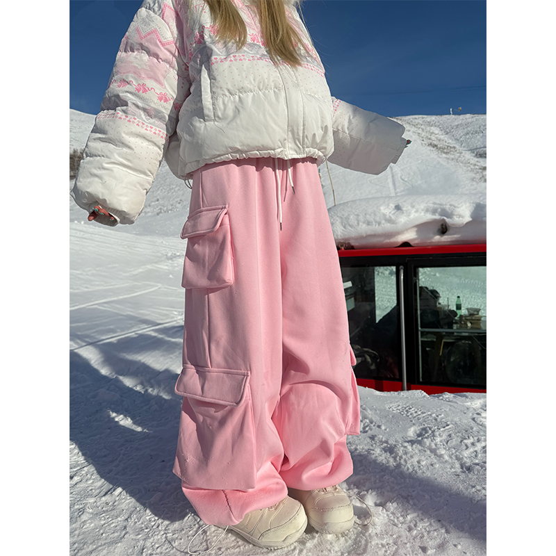 JMJ 美式抽绳松紧腰多口袋加绒阔腿卫裤男女宽松休闲直筒百搭长裤