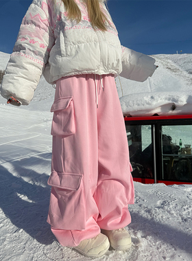 JMJ 美式抽绳松紧腰多口袋加绒阔腿卫裤男女宽松休闲直筒百搭长裤