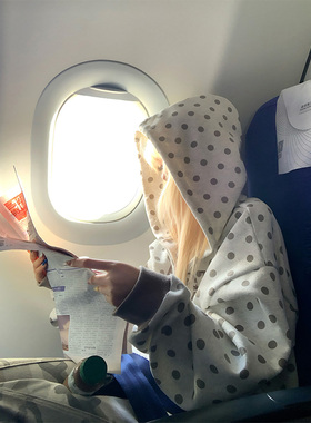 JMJ 自制美式波点字母刺绣连帽卫衣男女春秋宽松休闲百搭开衫帽衫