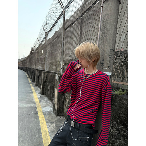 JMJ 美式复古条纹撞色长袖T恤男女春秋y2k轻亚休闲百搭圆领上衣