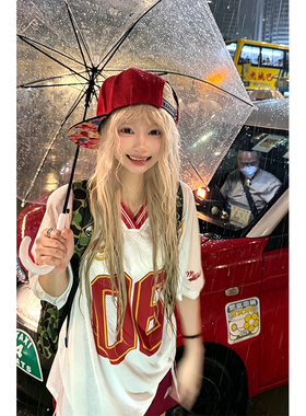 JMJ 美式V领数字印花球衣短袖T恤男女夏季宽松休闲运动透气上衣