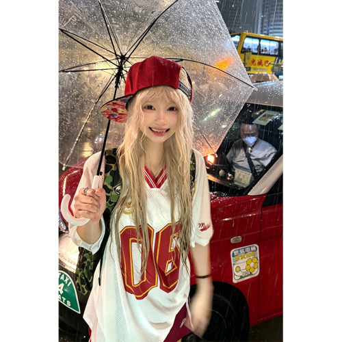 JMJ 美式V领数字印花球衣短袖T恤男女夏季宽松休闲运动透气上衣
