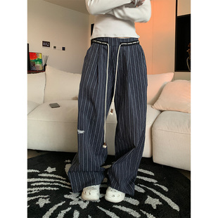 男女宽松百搭垂感显瘦ins长裤 复古简约条纹格子阔腿裤 美式 JMJ