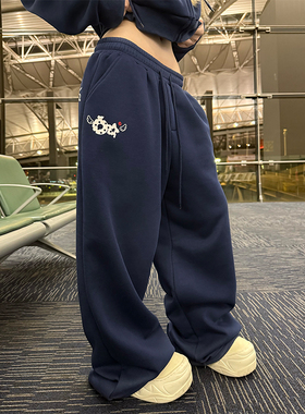 JMJ 美式简约通勤休闲加绒阔腿抽绳卫裤男女宽松休闲百搭长裤