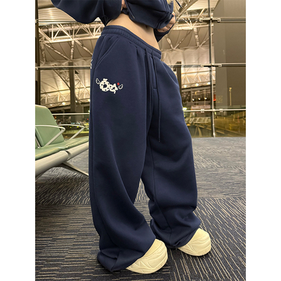 JMJ 美式简约通勤休闲加绒阔腿抽绳卫裤男女宽松休闲百搭长裤