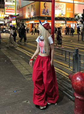 JMJ 美式复古褶皱垂感阔腿休闲裤宽松慵懒松紧腰直筒拖地长裤