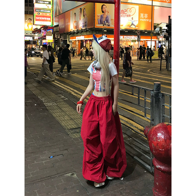 JMJ 美式复古褶皱垂感阔腿休闲裤宽松慵懒松紧腰直筒拖地长裤