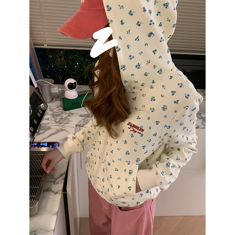 JMJ 2025春秋季美式复古小碎花连帽拉链开衫卫衣女宽松休闲外套