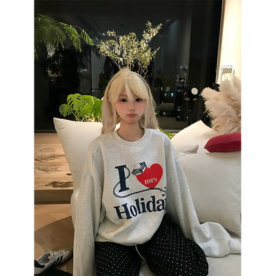 JMJ 美式复古爱心字母印花长袖卫衣男女春秋宽松休闲百搭套头上衣
