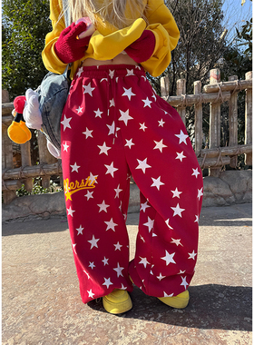 JMJ 美式复古星星满印阔腿卫裤男女宽松休闲百搭直筒拖地潮流长裤