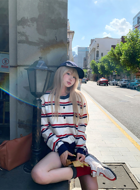 JMJ 美式慵懒休闲撞色条纹开衫针织毛衣男女春秋宽松休闲运动外套