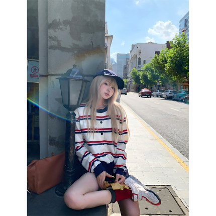 JMJ 美式慵懒休闲撞色条纹开衫针织毛衣男女春秋宽松休闲运动外套