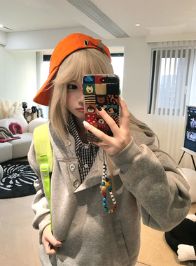 JMJ 美式复古纽扣设计感连帽卫衣男女宽松休闲百搭简约套头上衣