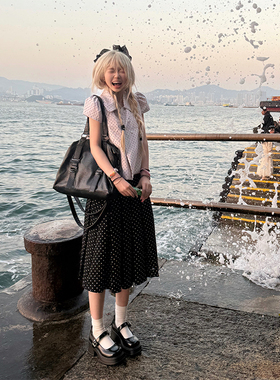 JMJ 美式复古学院风波点百褶半身裙女辣妹修身显瘦百搭中长短裙